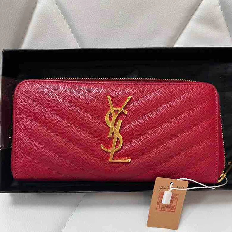 Yves Saint Laurent bags with iconic YSL logoYsl Classic Monogram Zip Around Matelasse Chevron Wallet, Red Leather