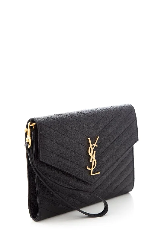 Yves Saint Laurent bags with iconic YSL logoYSL Matelasse Grain De Poudre Black Leather Envelope Flap Pouch Clutch Bag