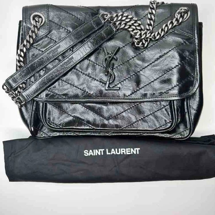 Yves Saint Laurent mini bags with chain strapsYsl Crinkled Calfskin Matelasse Monogram Baby Niki Chain Satchel, Black Leather, Medium