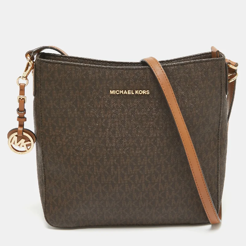 Michael Michael Kors Bags for job interviews to make a good impressionDark Brown Signature Coated Canvas Jet Set Messenger Bag