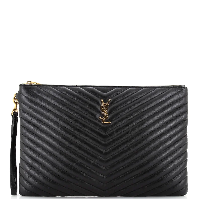 Yves Saint Laurent bags with iconic YSL logoClassic Monogram Wristlet Pouch Matelasse Chevron Leather Large